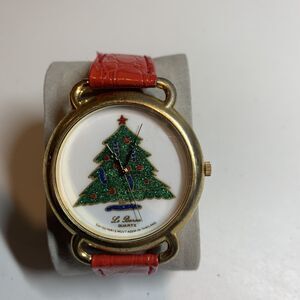 Sparkle Glitter Christmas Tree Wrist Watch Round Red Leather Band